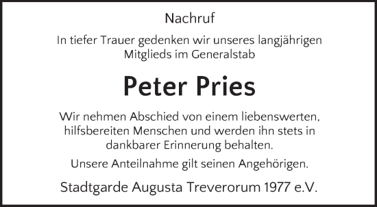 Traueranzeige von Peter Pries von trierischer_volksfreund