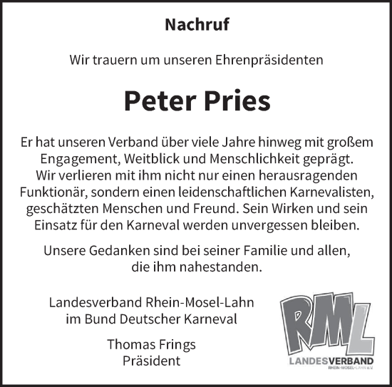Traueranzeige von Peter Pries von trierischer_volksfreund