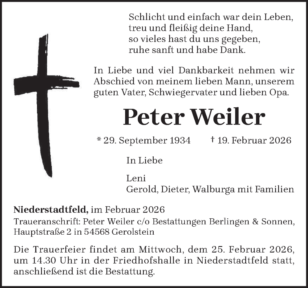  Traueranzeige für Peter Weiler vom 21.02.2026 aus trierischer_volksfreund