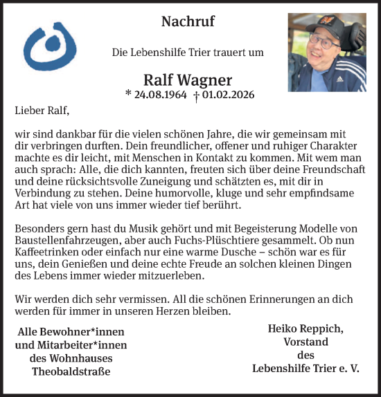 Traueranzeige von Ralf Wagner von trierischer_volksfreund
