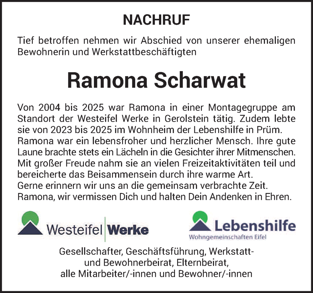  Traueranzeige für Ramona Scharwat vom 07.02.2026 aus trierischer_volksfreund