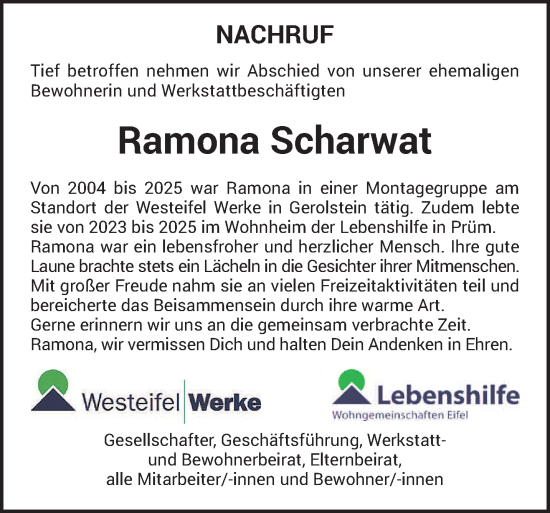 Traueranzeige von Ramona Scharwat von trierischer_volksfreund