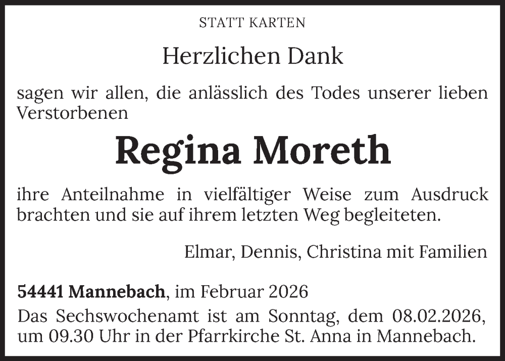  Traueranzeige für Regina Moreth vom 04.02.2026 aus trierischer_volksfreund