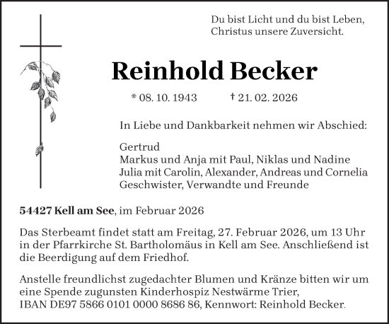 Traueranzeige von Reinhold Becker von trierischer_volksfreund