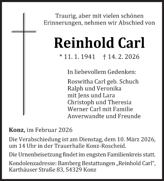 Traueranzeige von Reinhold Carl von trierischer_volksfreund