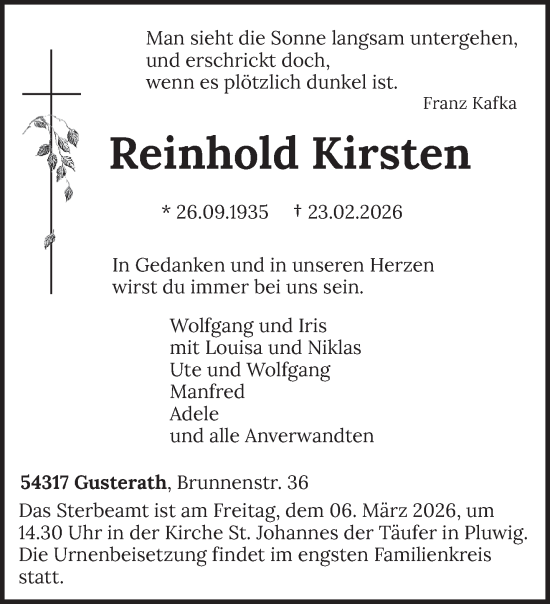 Traueranzeige von Reinhold Kirsten von trierischer_volksfreund