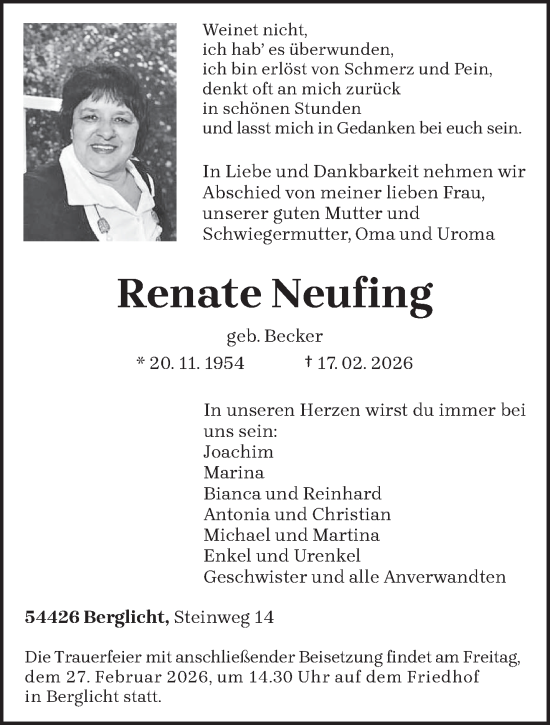 Traueranzeige von Renate Neufing von trierischer_volksfreund