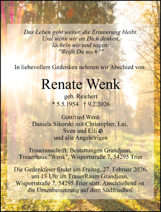Traueranzeige von Renate Wenk von trierischer_volksfreund