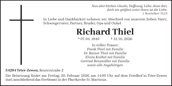 Traueranzeige von Richard Thiel von trierischer_volksfreund