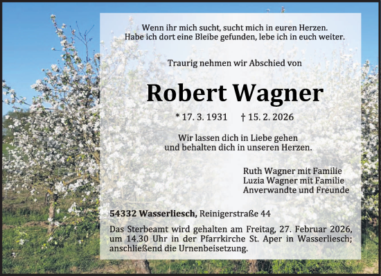 Traueranzeige von Robert Wagner von trierischer_volksfreund