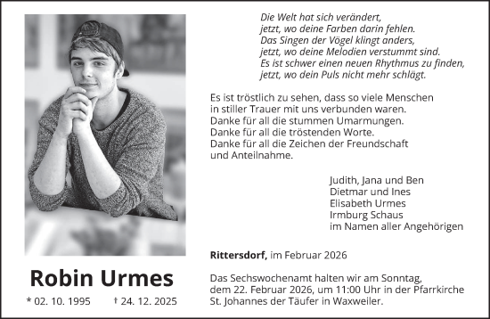 Traueranzeige von Robin Urmes von trierischer_volksfreund