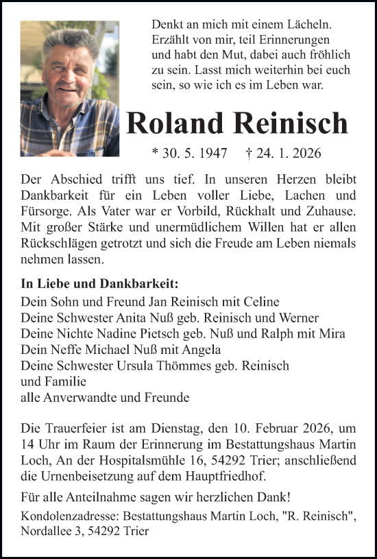 Traueranzeige von Roland Reinisch von trierischer_volksfreund