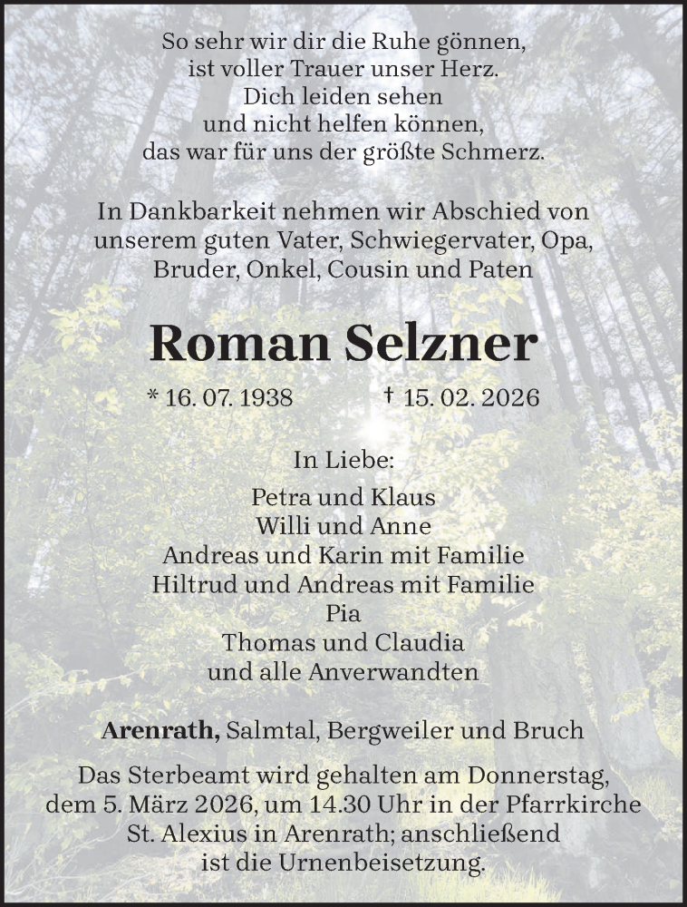  Traueranzeige für Roman Selzner vom 25.02.2026 aus trierischer_volksfreund