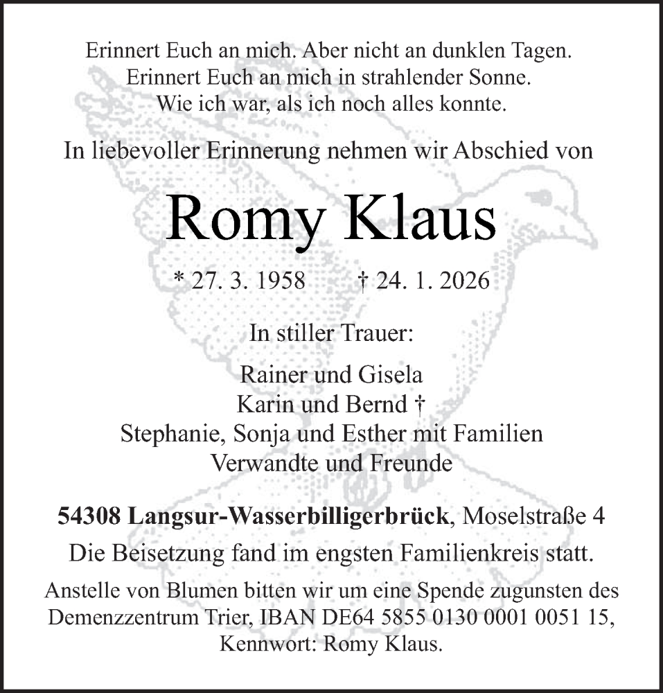  Traueranzeige für Romy Klaus vom 07.02.2026 aus trierischer_volksfreund