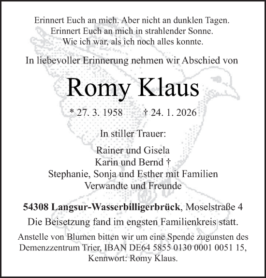 Traueranzeige von Romy Klaus von trierischer_volksfreund