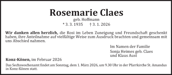 Traueranzeige von Rosemarie Claes von trierischer_volksfreund