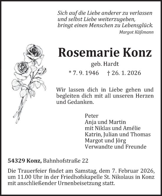 Traueranzeige von Rosemarie Konz von trierischer_volksfreund