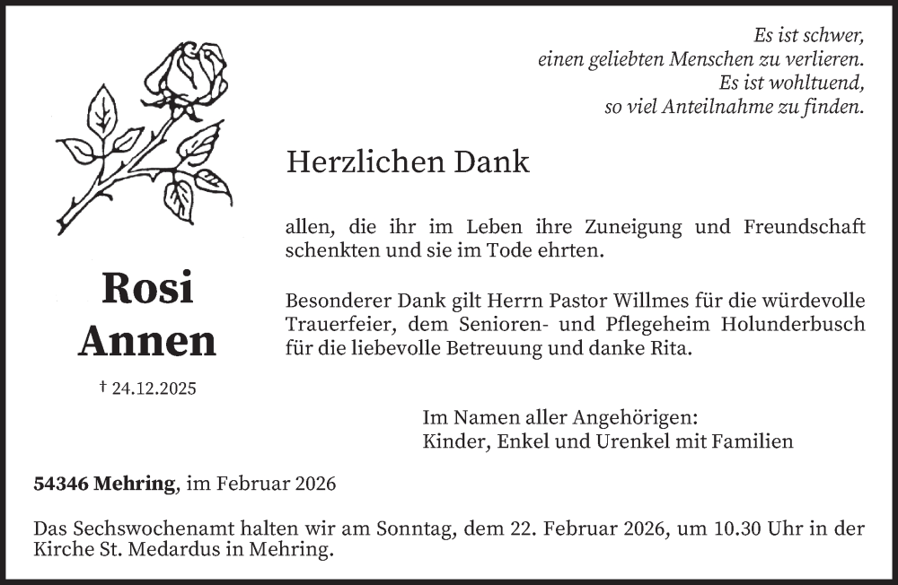  Traueranzeige für Rosi Annen vom 14.02.2026 aus trierischer_volksfreund