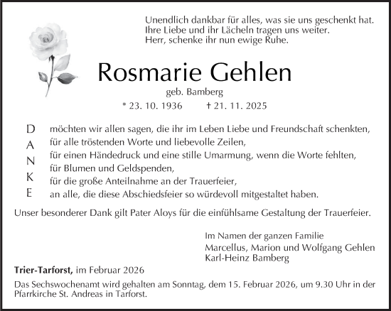 Traueranzeige von Rosmarie Gehlen von trierischer_volksfreund