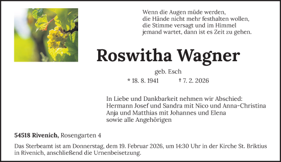 Traueranzeige von Roswitha Wagner von trierischer_volksfreund