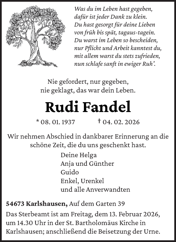  Traueranzeige für Rudi Fandel vom 07.02.2026 aus trierischer_volksfreund