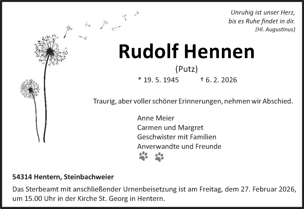  Traueranzeige für Rudolf Hennen vom 21.02.2026 aus trierischer_volksfreund