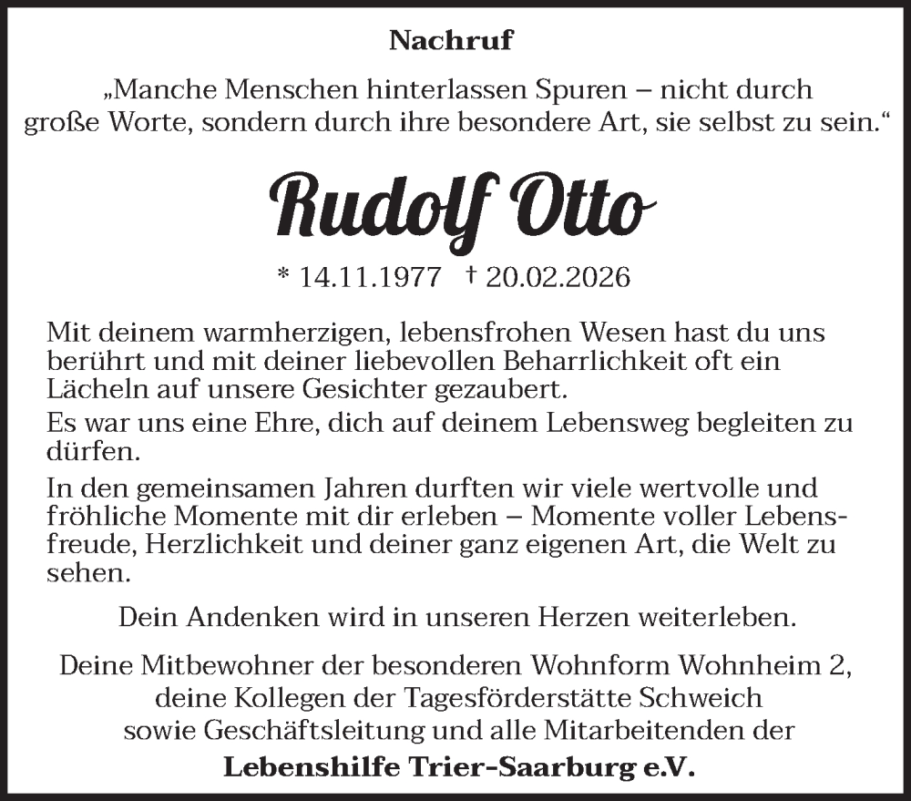  Traueranzeige für Rudolf Otto vom 28.02.2026 aus trierischer_volksfreund