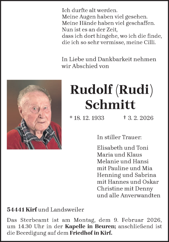 Traueranzeige von Rudolf Schmitt von trierischer_volksfreund