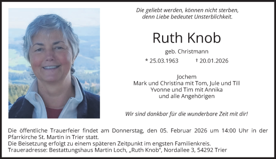 Traueranzeige von Ruth Knob von trierischer_volksfreund