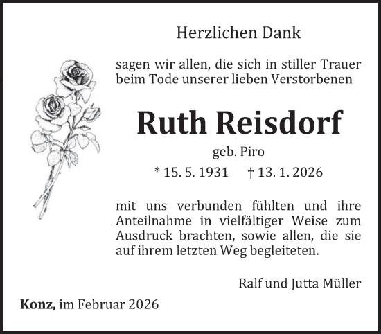 Traueranzeige von Ruth Reisdorf von trierischer_volksfreund