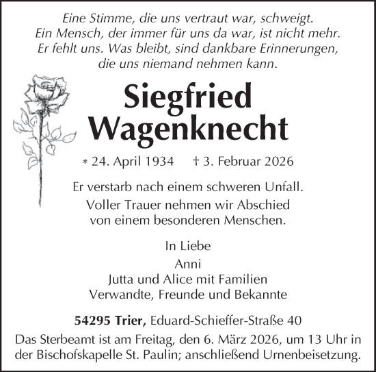 Traueranzeige von Siegfried Wagenknecht von trierischer_volksfreund