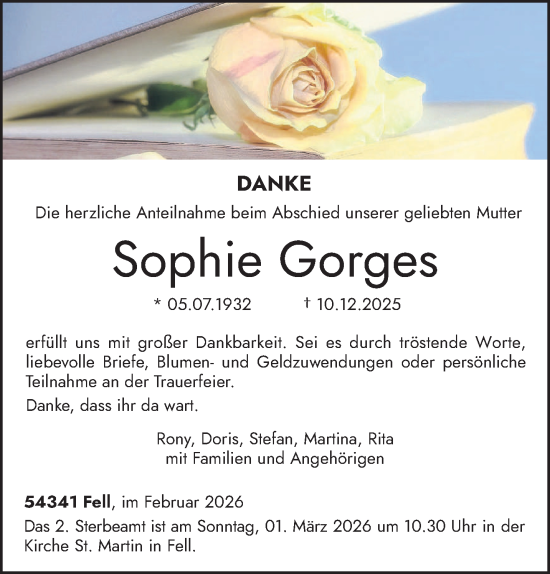 Traueranzeige von Sophie Gorges von trierischer_volksfreund