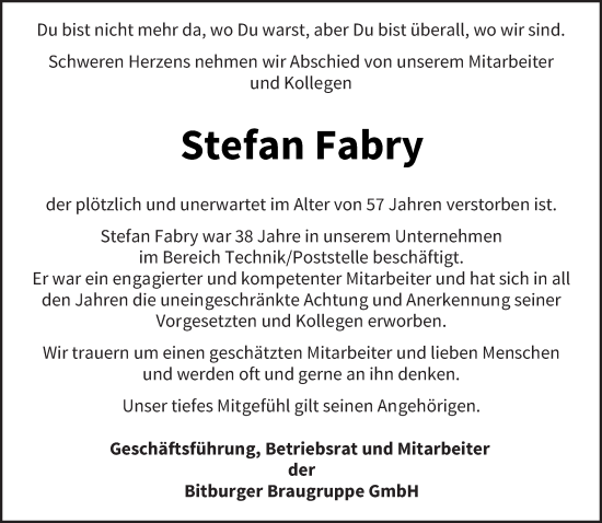 Traueranzeige von Stefan Fabry von trierischer_volksfreund