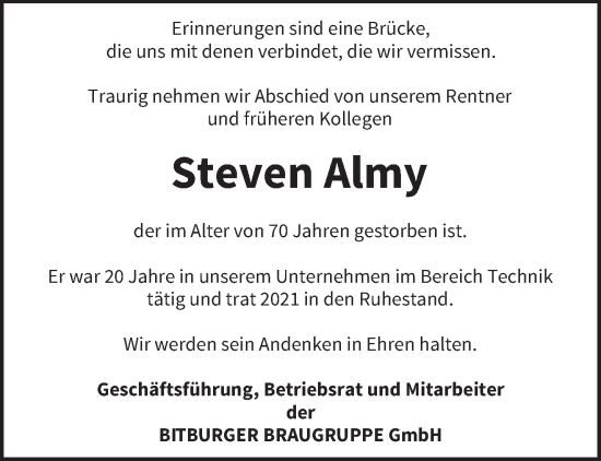 Traueranzeige von Steven Almy von trierischer_volksfreund