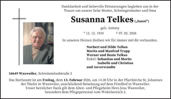 Traueranzeige von Susanna Telkes von trierischer_volksfreund