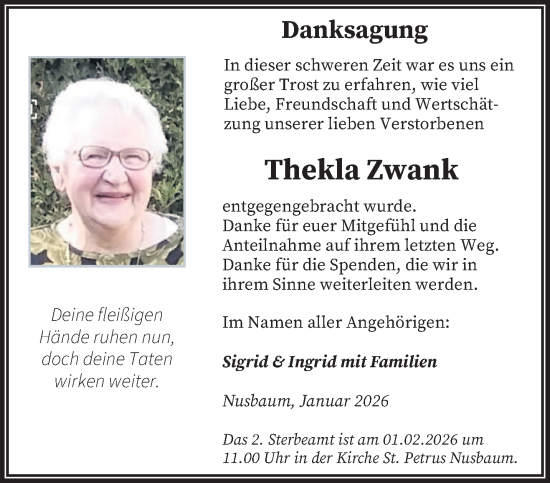 Traueranzeige von Thekla Zwank von trierischer_volksfreund