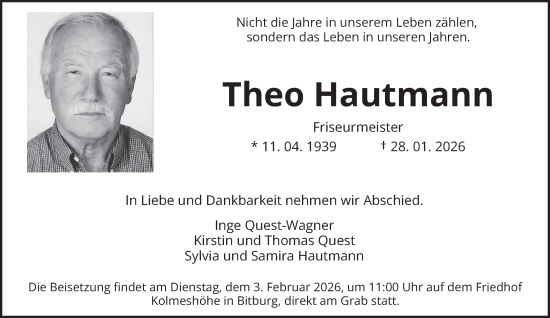 Traueranzeige von Theo Hautmann von trierischer_volksfreund