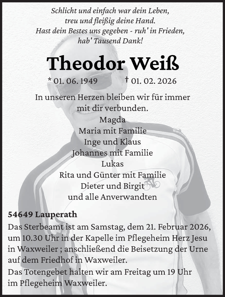  Traueranzeige für Theodor Weiß vom 18.02.2026 aus trierischer_volksfreund