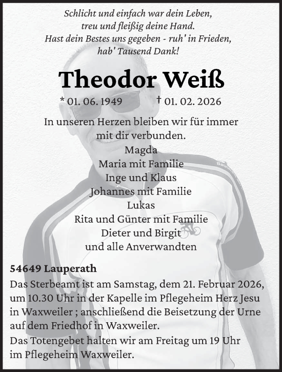 Traueranzeige von Theodor Weiß von trierischer_volksfreund