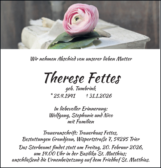 Traueranzeige von Therese Fettes von trierischer_volksfreund