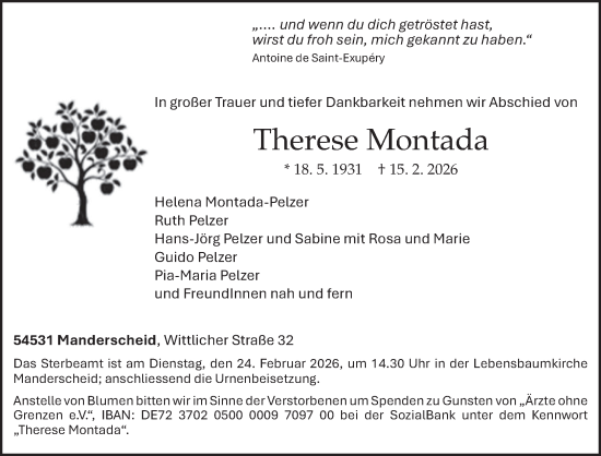 Traueranzeige von Therese Montada von trierischer_volksfreund