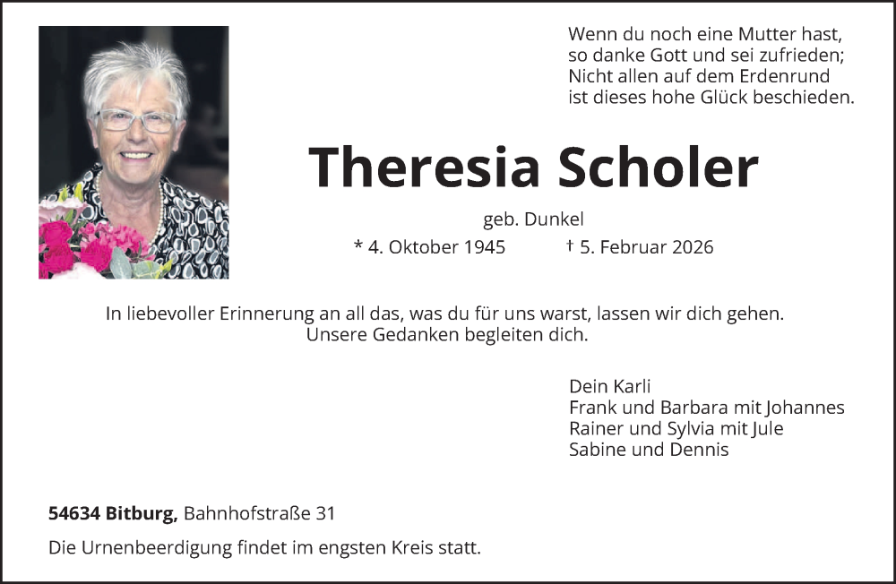  Traueranzeige für Theresia Scholer vom 11.02.2026 aus trierischer_volksfreund