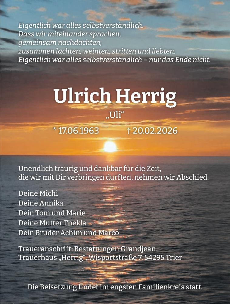  Traueranzeige für Ulrich Herrig vom 28.02.2026 aus trierischer_volksfreund