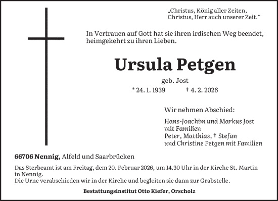 Traueranzeige von Ursula Petgen von trierischer_volksfreund