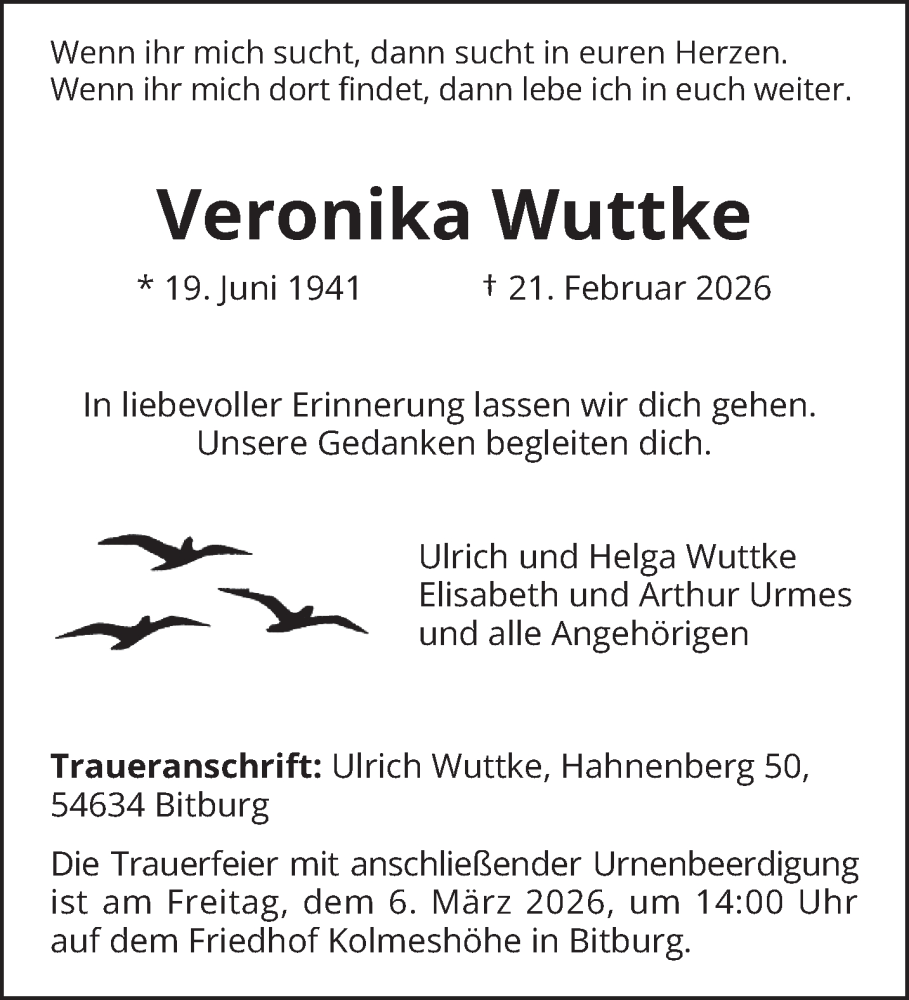  Traueranzeige für Veronika Wuttke vom 28.02.2026 aus trierischer_volksfreund