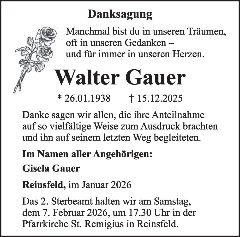  Traueranzeige für Walter Gauer vom 04.02.2026 aus trierischer_volksfreund