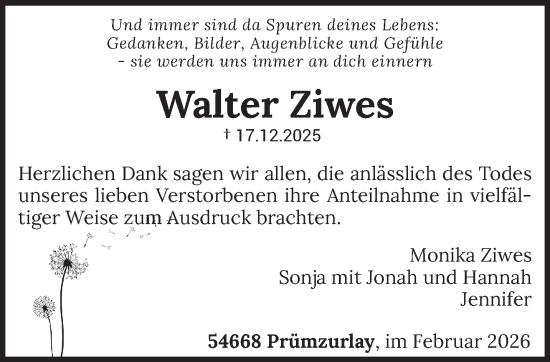 Traueranzeige von Walter Ziwes von trierischer_volksfreund