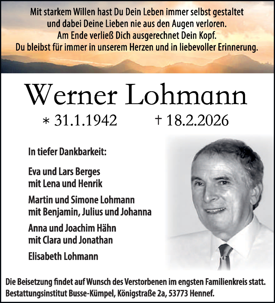  Traueranzeige für Werner Lohmann vom 28.02.2026 aus trierischer_volksfreund