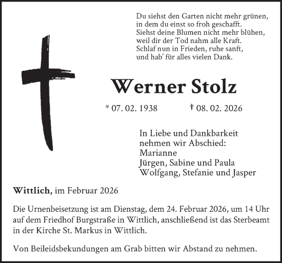 Traueranzeige von Werner Stolz von trierischer_volksfreund