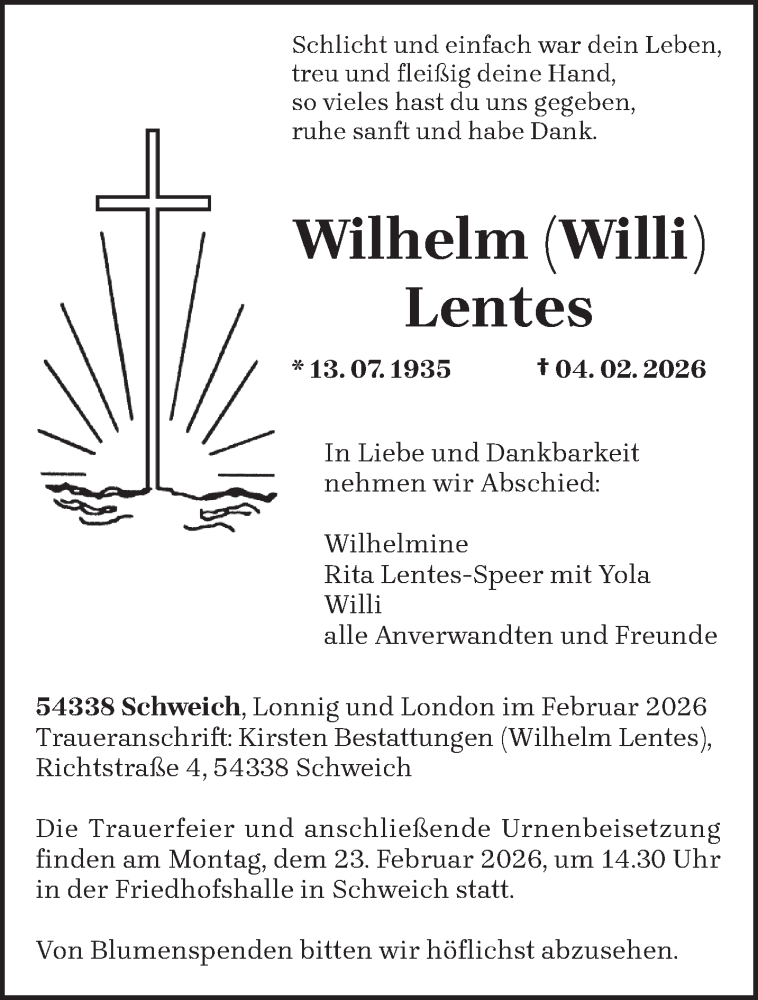  Traueranzeige für Wilhelm Lentes vom 14.02.2026 aus trierischer_volksfreund
